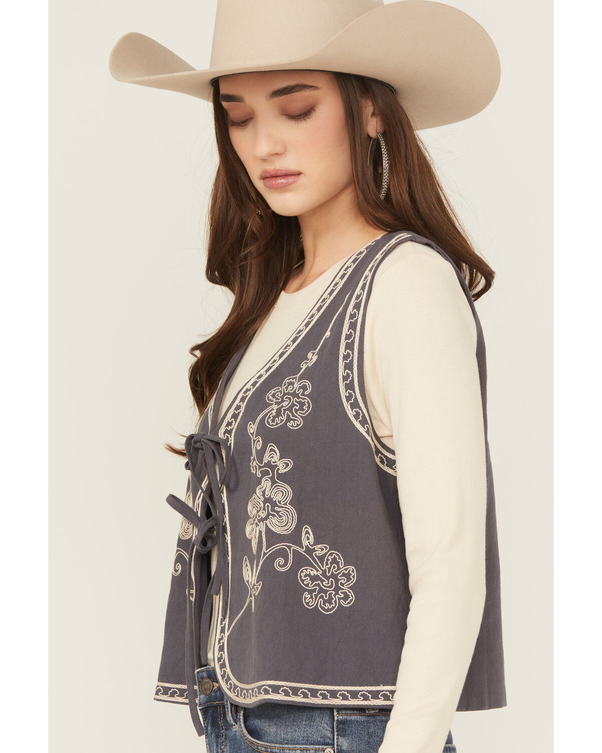 Image #2 - Easel Women's Floral Embroidered Tie-Front Vest, Navy, hi-res