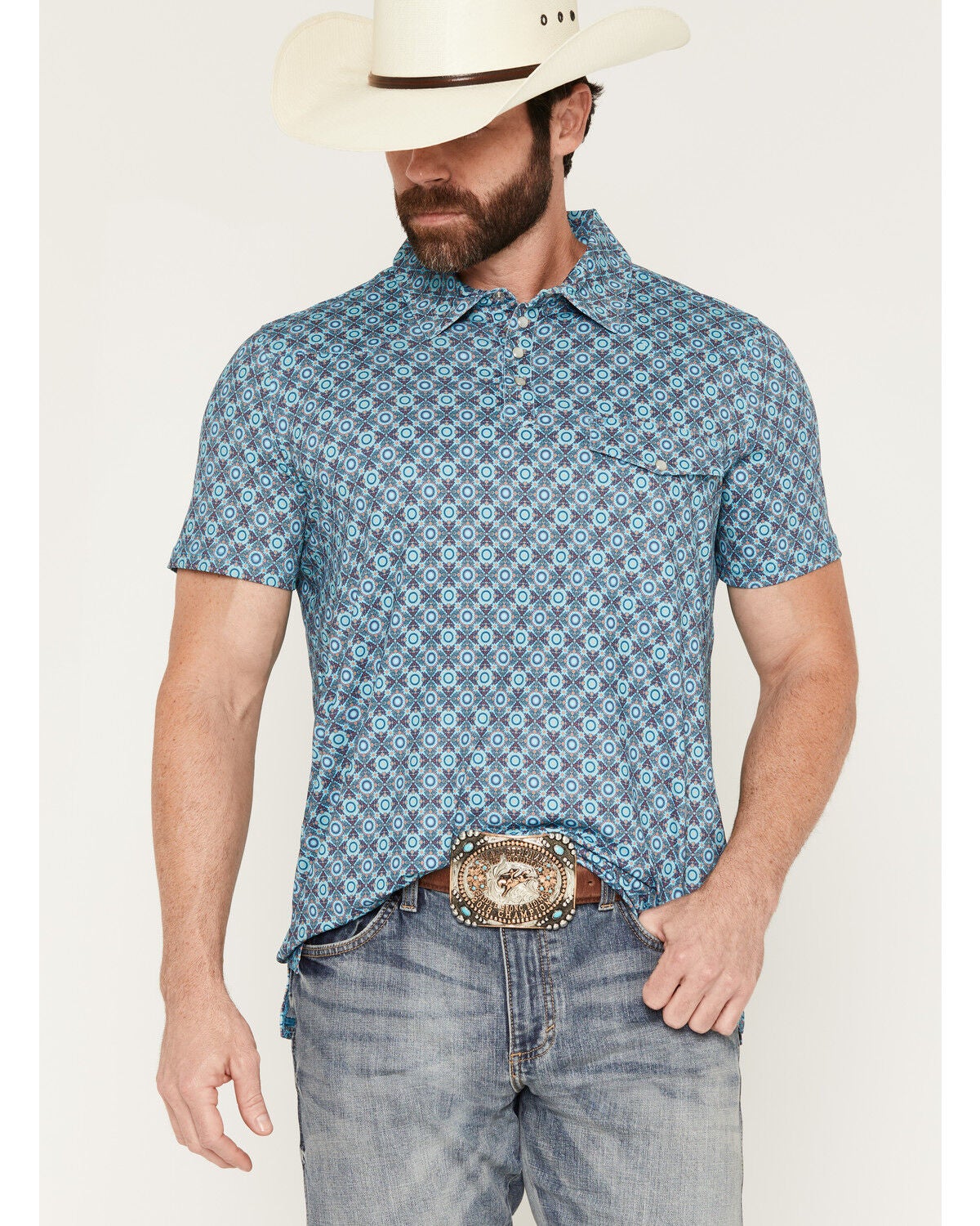 Rock & Roll Denim Men's Medallion Print Short Sleeve Pearl Snap Polo, Blue, hi-res