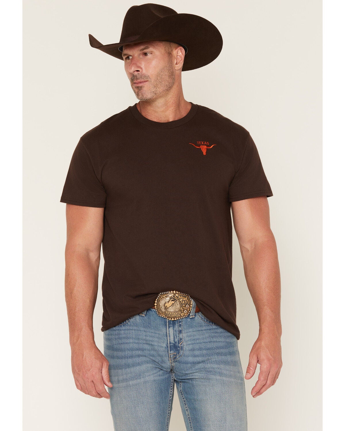 Cody James Men's Texas Long Horn Embroidered Short Sleeve Graphic T-Shirt, Dark Brown, hi-res