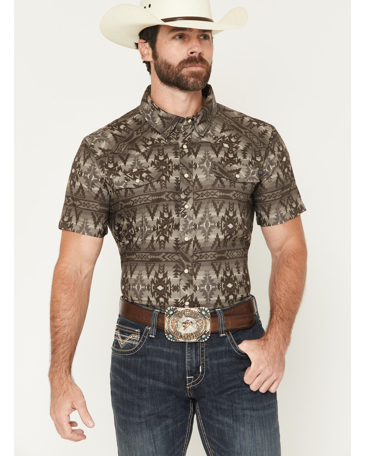 Image #1 - Rock & Roll Denim Men's Tek Southwestern Print Short Sleeve Snap Stretch Western Shirt, Brown, hi-res