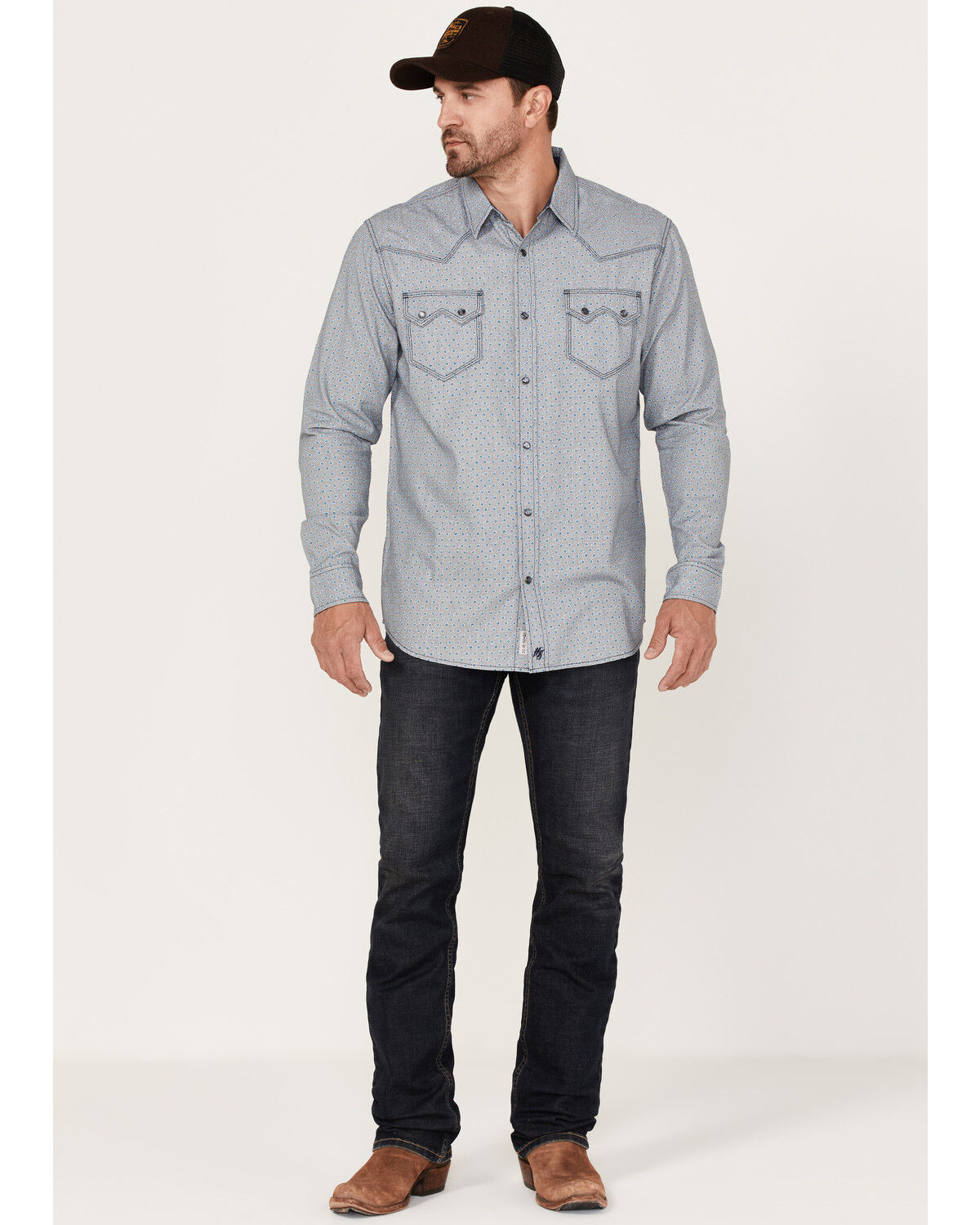 Image #2 - Moonshine Spirit Men's Bull Eye Floral Plaid Print Long Sleeve Pearl Snap Western Shirt, Navy, hi-res