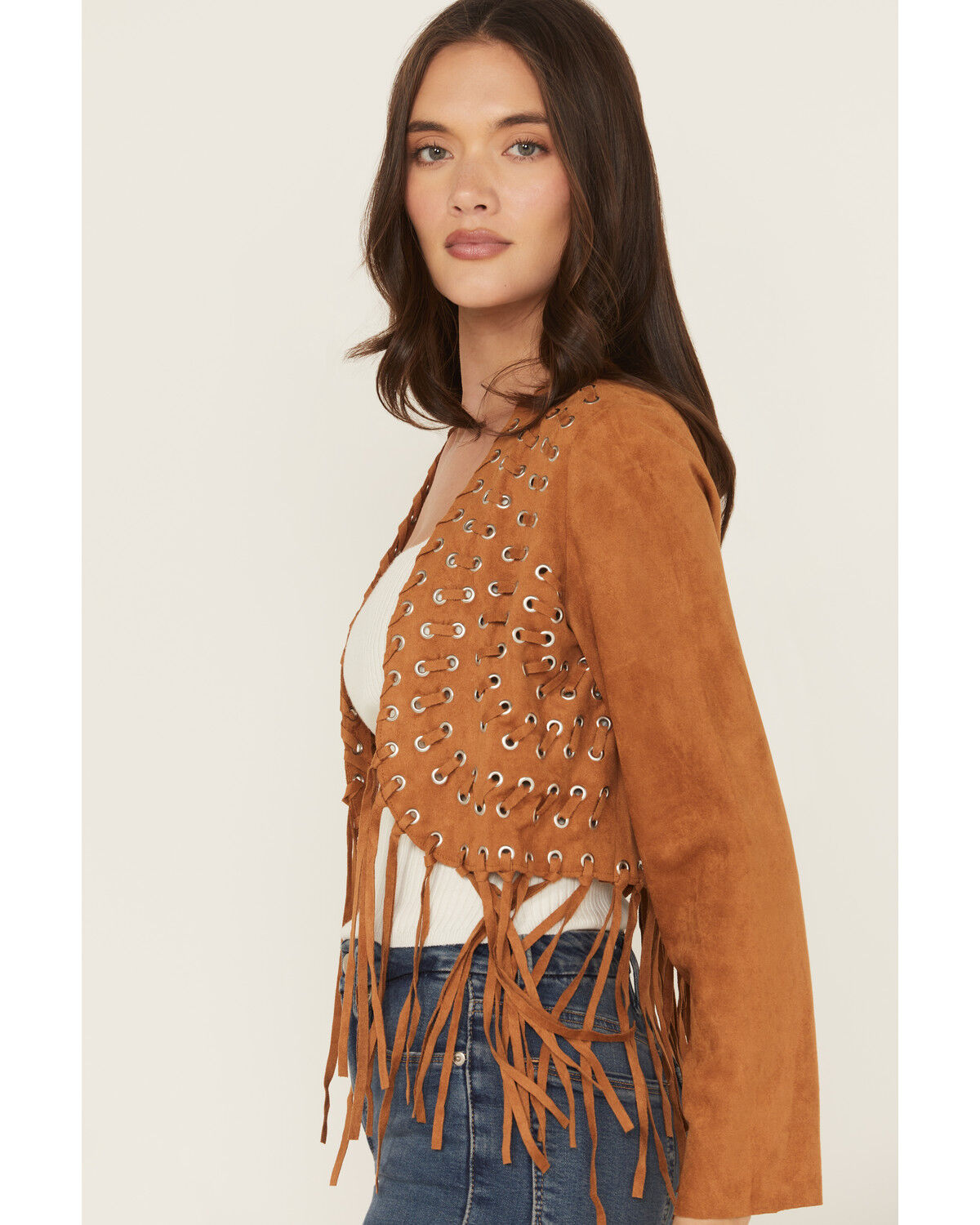 Image #2 - Vocal Women's Fringe Cropped Jacket, Camel, hi-res