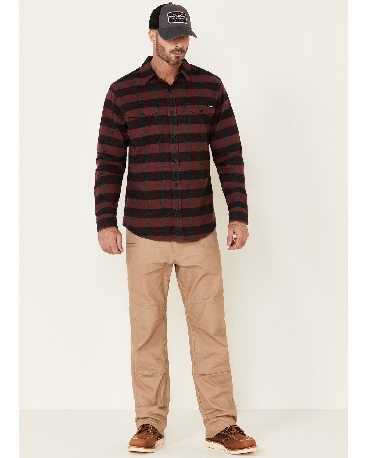 Image #2 - Hawx Men's Dark Red Harris Stretch Plaid Flannel Long Sleeve Button Down Work Shirt, Dark Red, hi-res