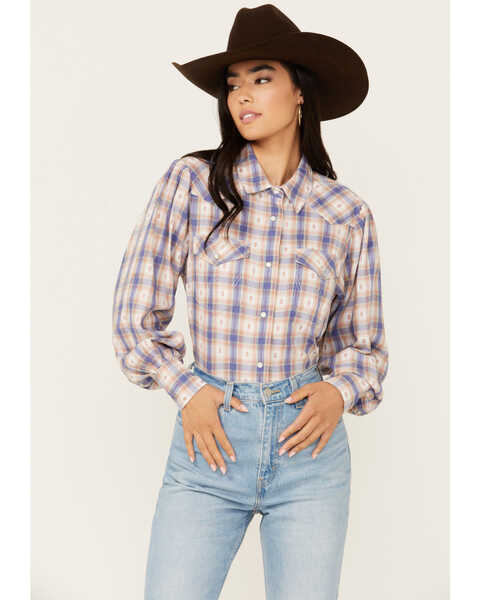 Image #1 - Wrangler Women's Balloon Sleeve Plaid Print Snap Western Shirt , Medium Wash, hi-res
