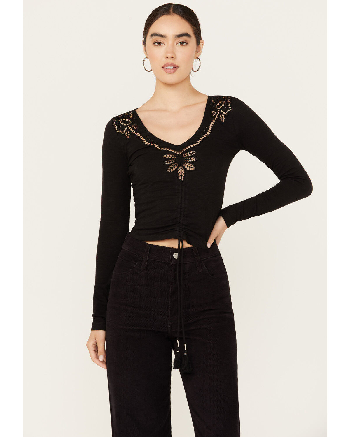 Image #1 - Shyanne Women's Long Sleeve Cutwork Front Tie Top, Black, hi-res