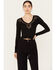 Shyanne Women's Long Sleeve Cutwork Front Tie Top, Black, hi-res