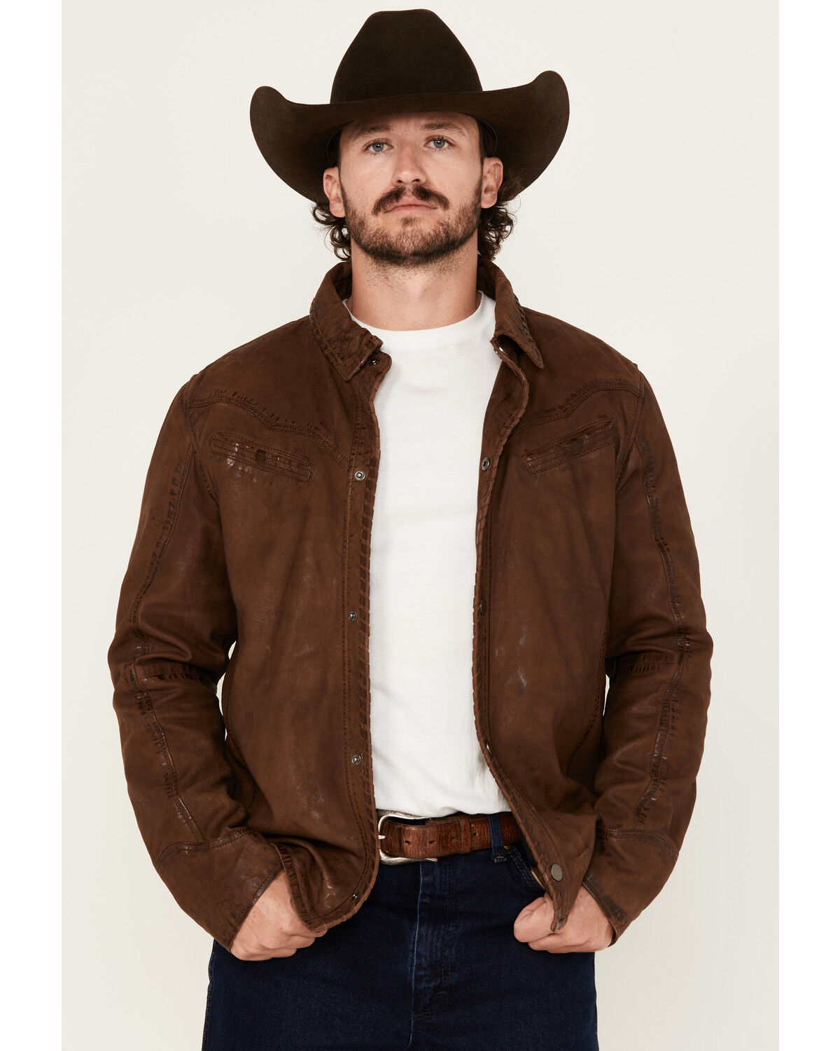 Image #1 - Mauritius Leather Men's Woodly Whipstitch Leather Jacket, Brown, hi-res