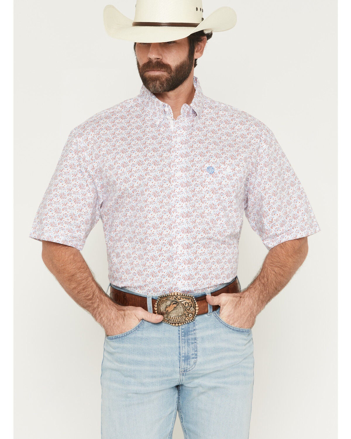 George Strait by Wrangler Men's Firework Print Short Sleeve Button-Down Stretch Western Shirt, Blue, hi-res
