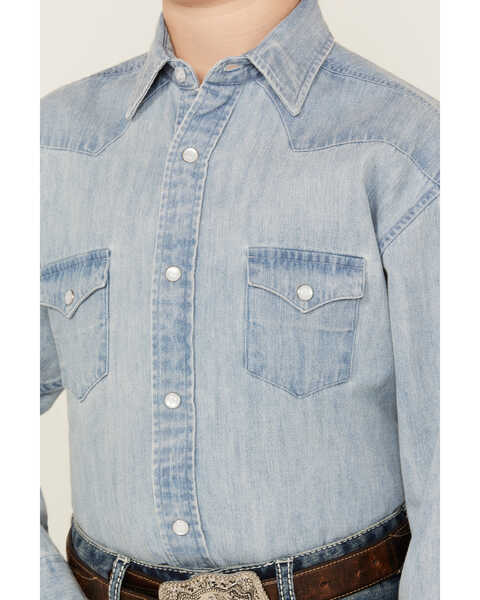 Image #3 - Rock & Roll Denim Boys' Light Wash Denim Long Sleeve Pearl Snap Western Shirt , Blue, hi-res