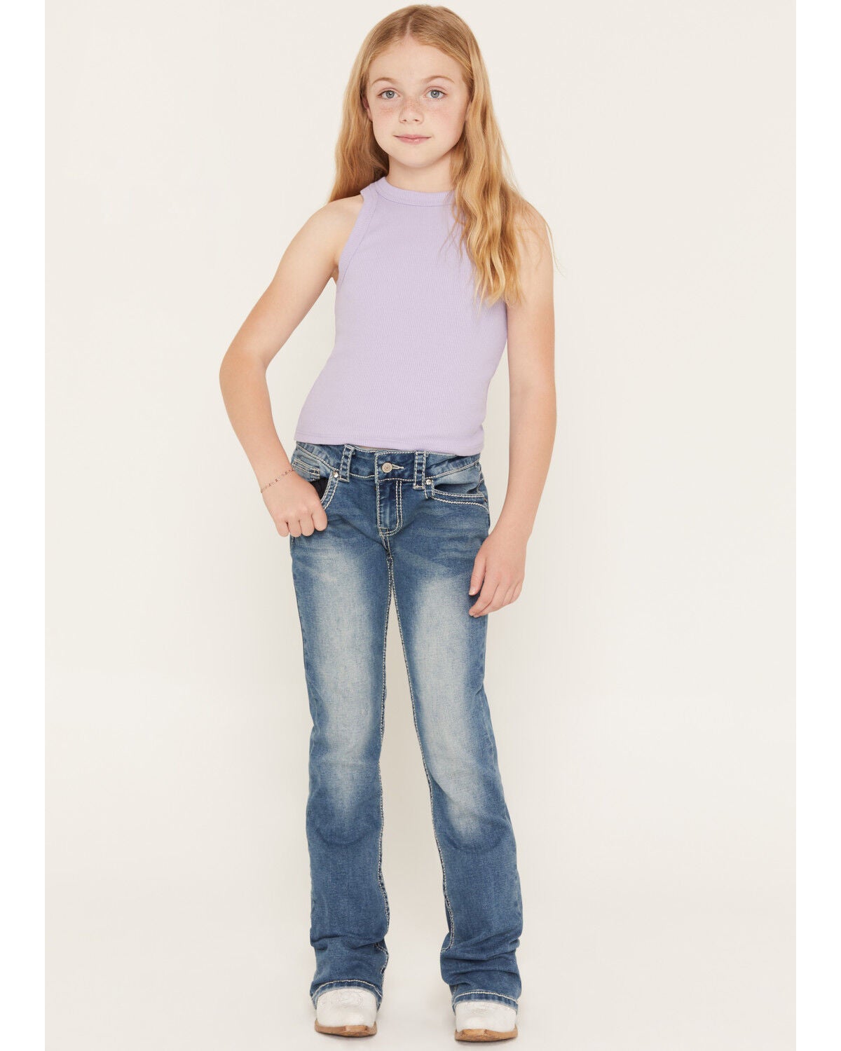 Image #3 - Shyanne Girls' Medium Wash Swirl Floral Embroidered Bootcut Stretch Denim Jeans, Blue, hi-res