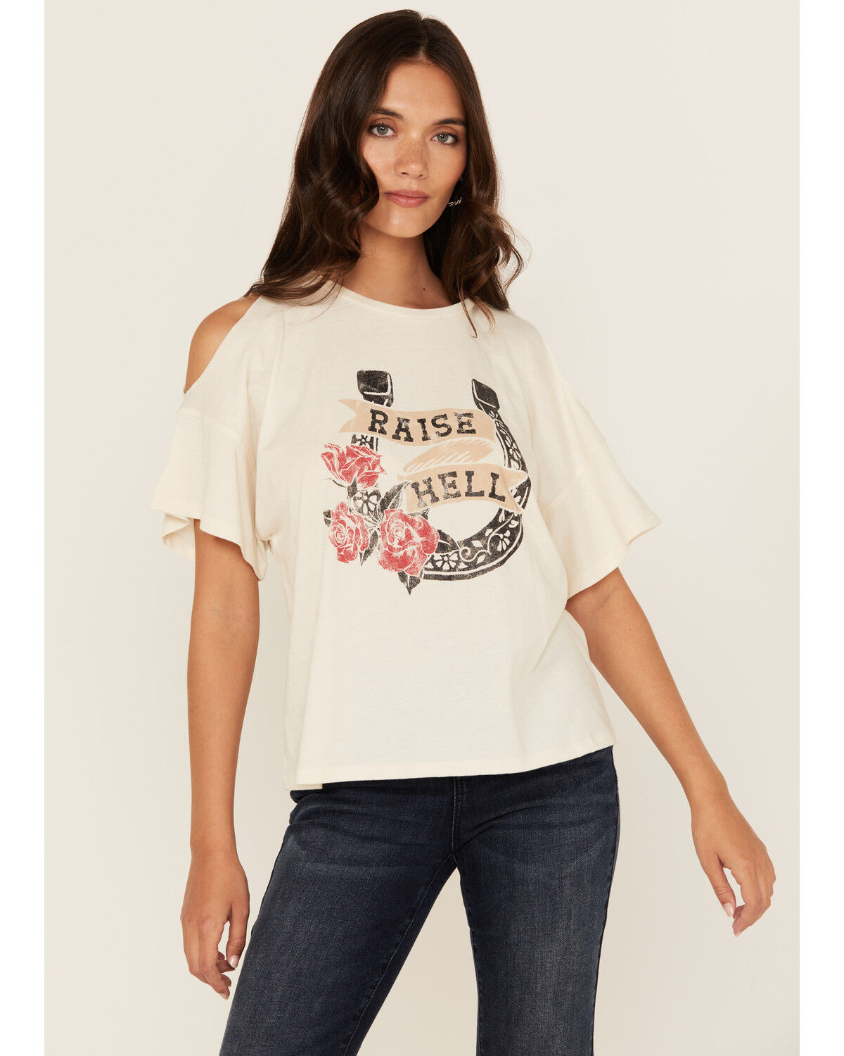 Image #1 - White Crow Women's Raise Hell Cold Shoulder Short Sleeve Graphic Tee, Cream, hi-res