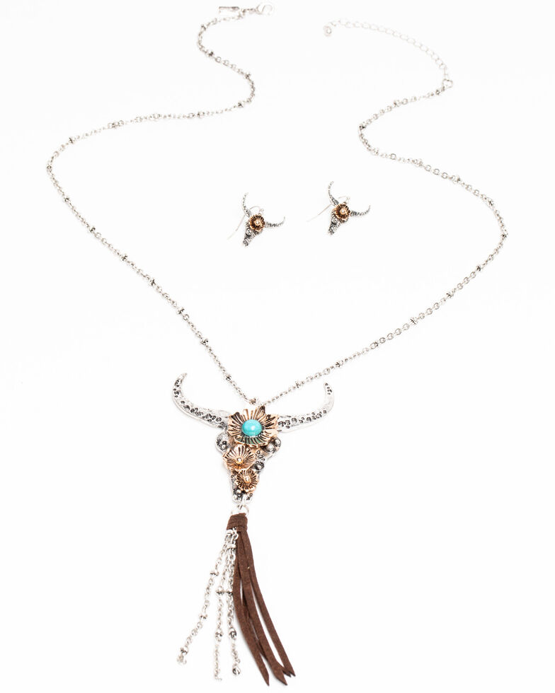 Shyanne Women's Hidden Treasure Tonal Longhorn Tassel Necklace Set, Silver, hi-res