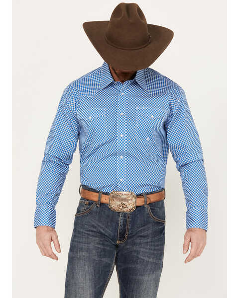 Roper Men's Amarillo Geo Print Long Sleeve Western Stretch Western Pearl Snap Shirt, Blue, hi-res