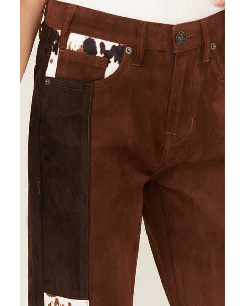 Image #2 - Rock & Roll Denim Women's Two Tone Color Block Faux Suede High Rise Straight Pants, Brown, hi-res