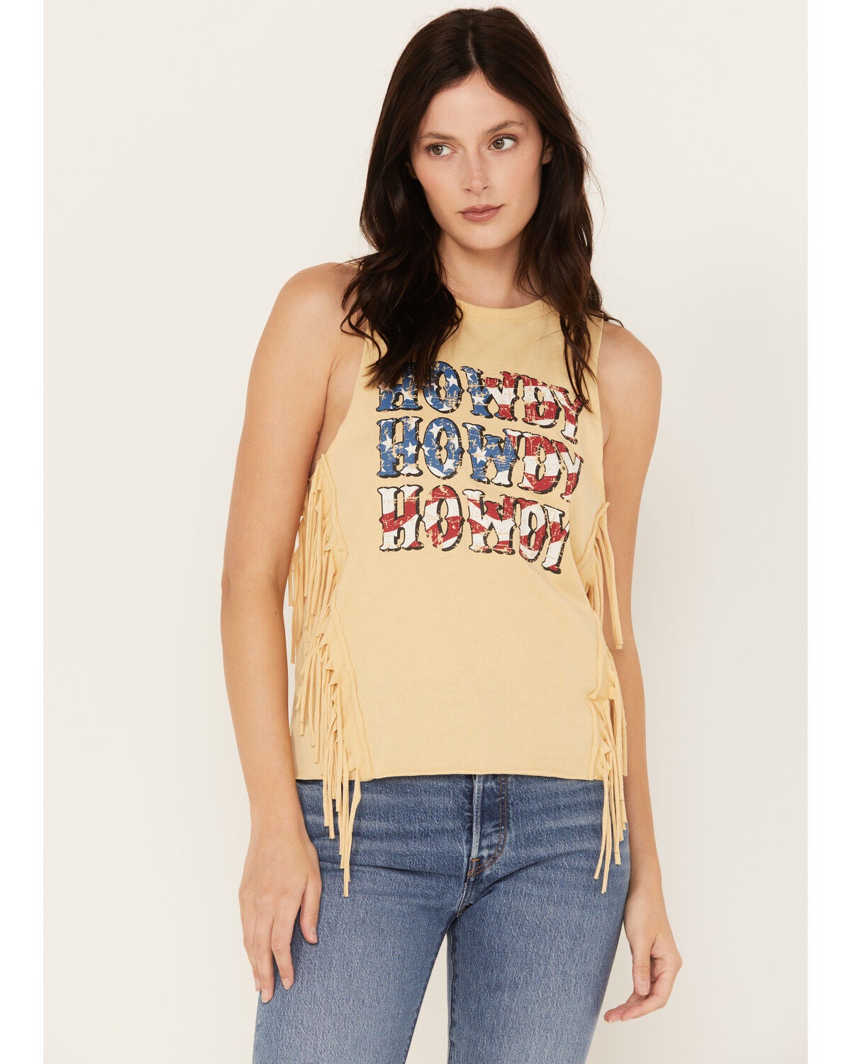 Rock & Roll Denim Women's Howdy Fringe Graphic Tank, Light Yellow, hi-res