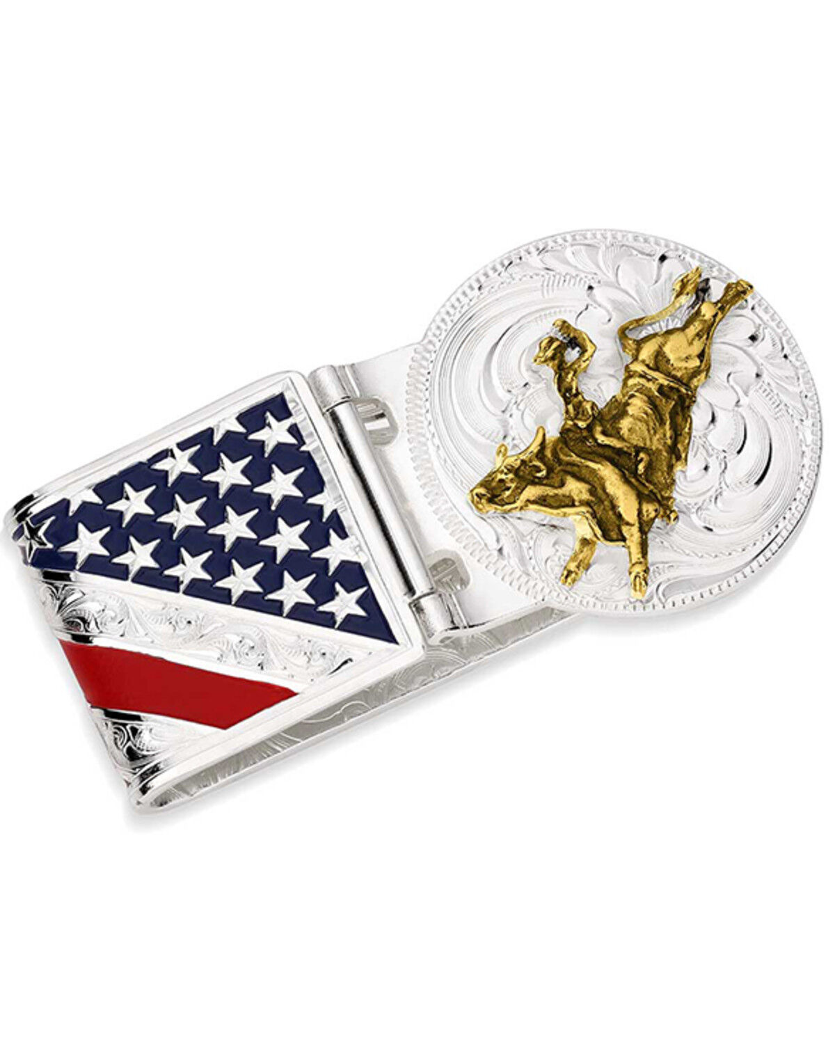 Image #1 - Montana Silversmiths Men's American Made Liberty Hinged Money Clip with Bull Rider, Silver, hi-res