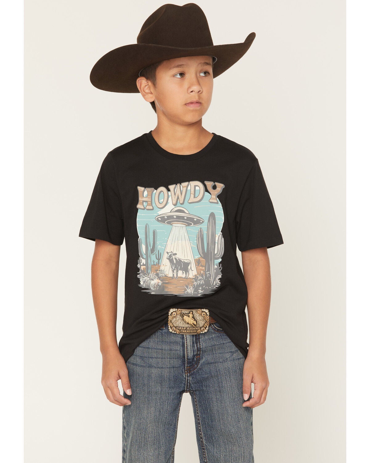 Image #1 - Sable Sky Boys' Howdy Space Cow Short Sleeve Graphic T-Shirt, Black, hi-res