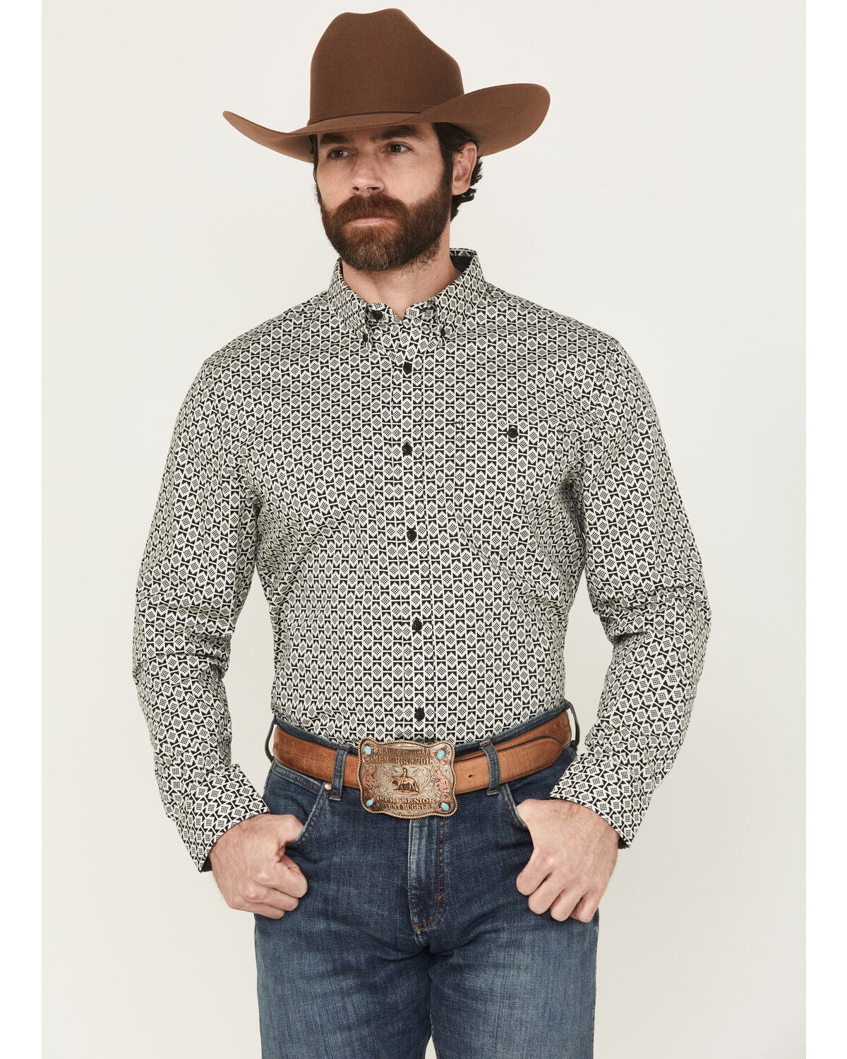 RANK 45&reg; Men's Rockies Ridge Geo Print Long Sleeve Button-Down Stretch Western Shirt, Black, hi-res
