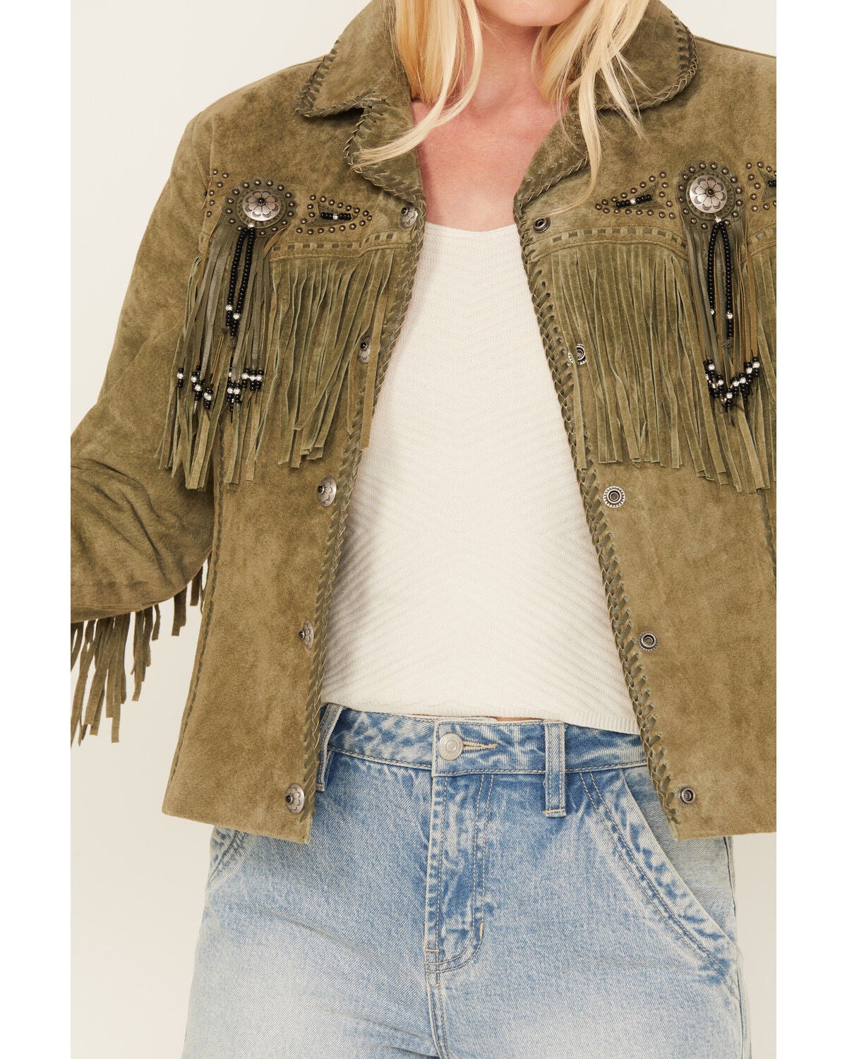Image #3 - Scully Women's Fringe and Beaded Jacket, Olive, hi-res