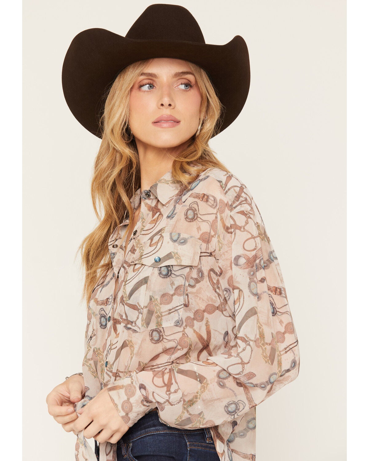 Image #2 - Shyanne Women's Norma Sheer Printed Long Sleeve Pearl Snap Blouse, Natural, hi-res