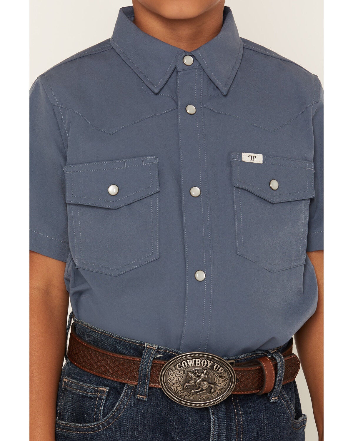 Image #3 - Ferrell Boys' Core Tek Solid Short Sleeve Pearl Snap Performance Western Shirt, Blue, hi-res