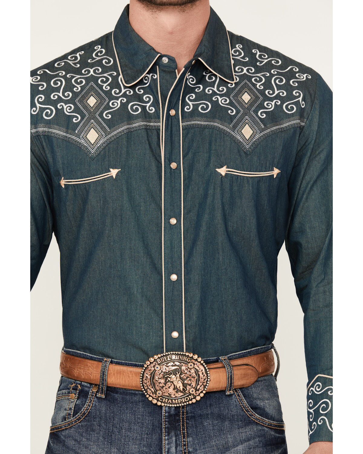 Image #3 - Scully Men's Denim Scroll Embroidered Long Sleeve Pearl Snap Western Shirt, Navy, hi-res