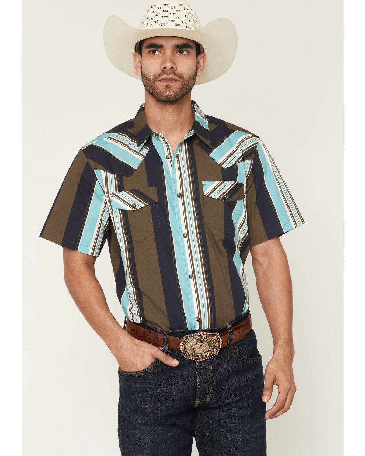 Gibson Trading Co Men's Retro Stripes Short Sleeve Snap Western Shirt, Brown, hi-res