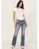 Image #3 - Miss Me Women's Dark Wash Mid Rise Patchwork Flap 32" Bootcut Stretch Denim Jeans, Dark Wash, hi-res