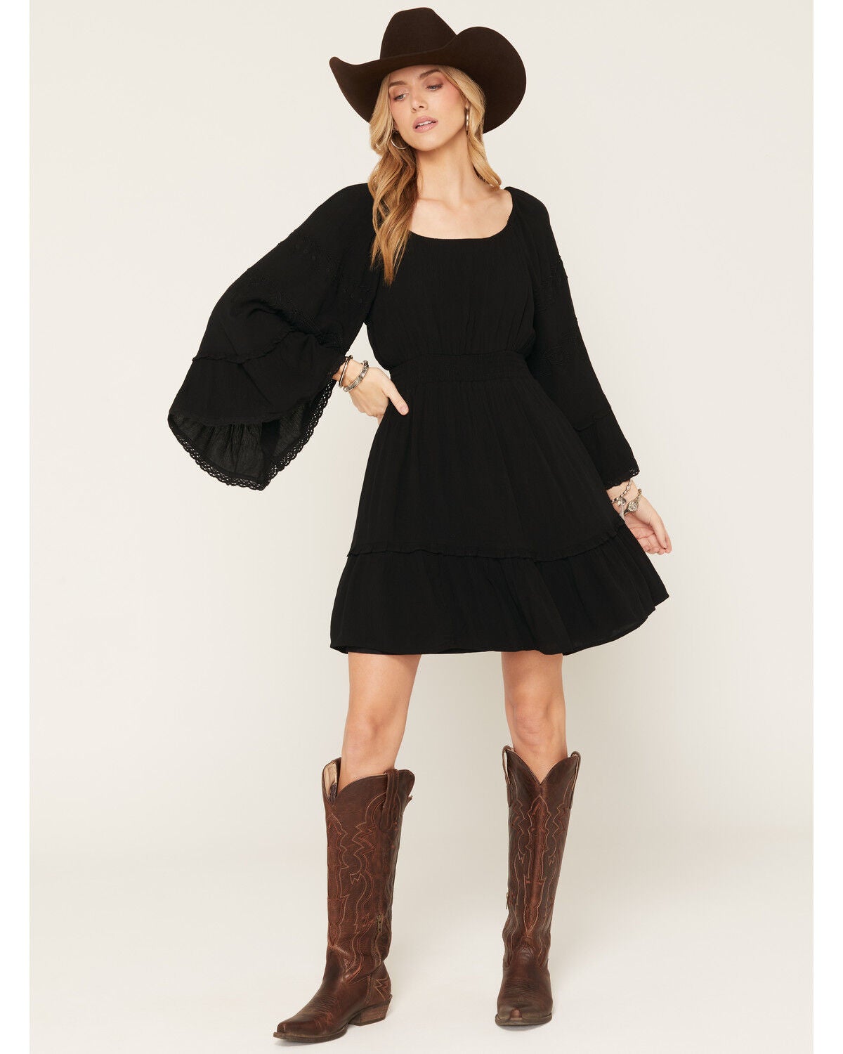 Image #1 - Shyanne Women's Highlands Embroidered Long Bell Sleeve Mini Dress, Black, hi-res