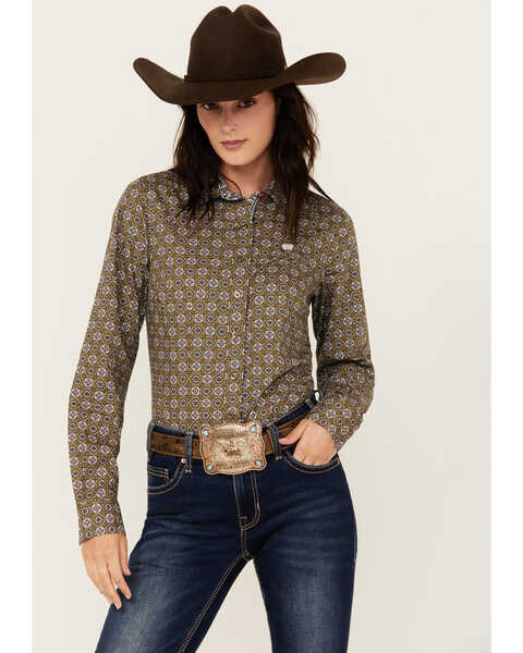 Image #1 - Cinch Women's Medallion Print Long Sleeve Button-Down Western Core Shirt , Olive, hi-res