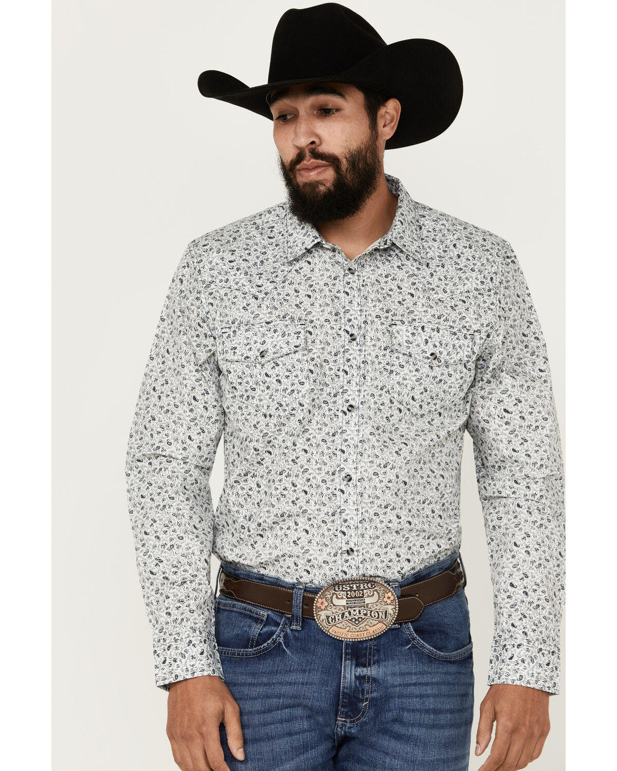 Image #1 - Gibson Trading Co Men's Static Paisley Floral Print Long Sleeve Pearl Snap Western Shirt, White, hi-res