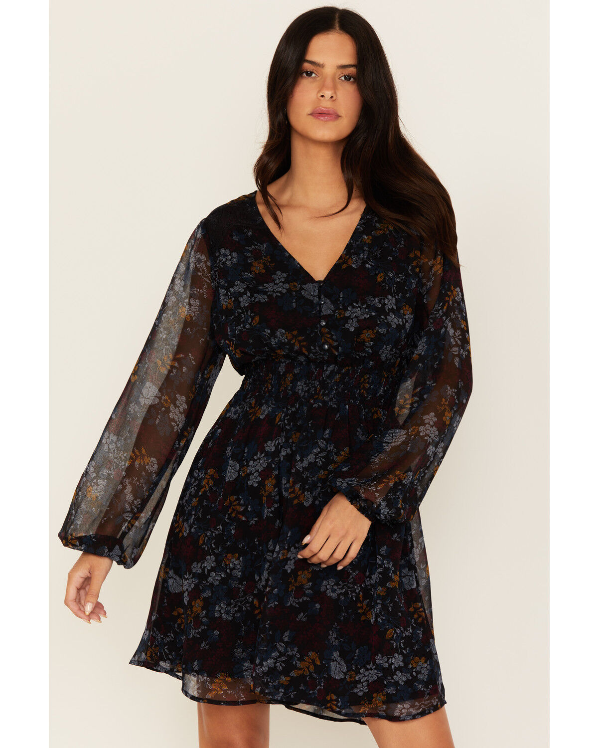 Image #1 - Shyanne Women's Floral Print Long Sleeve Mini Dress, Black, hi-res