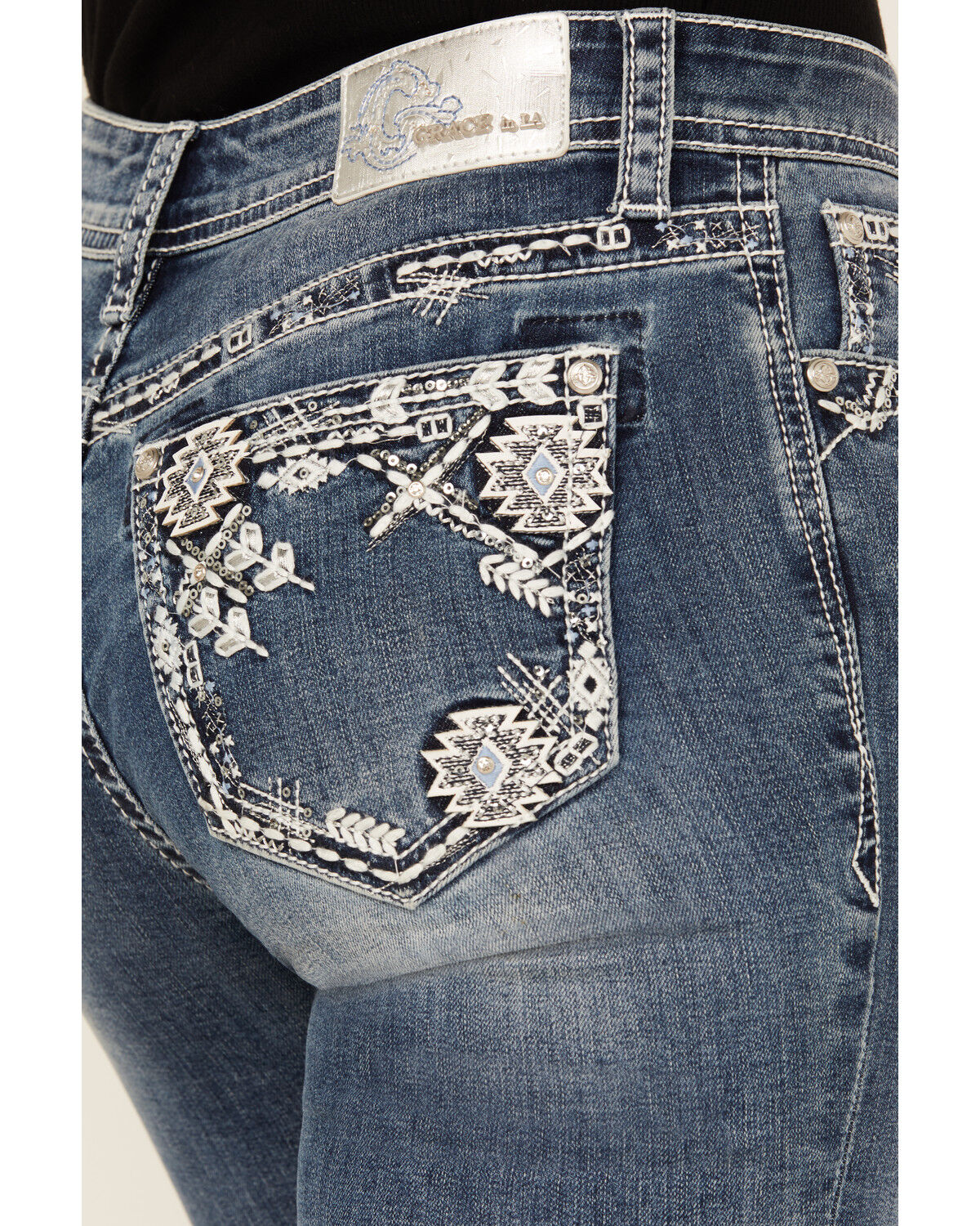 Image #2 - Grace In LA Women's Medium Wash Geo Print Embroidered Mid Rise Bootcut Stretch Denim Jeans, Medium Wash, hi-res
