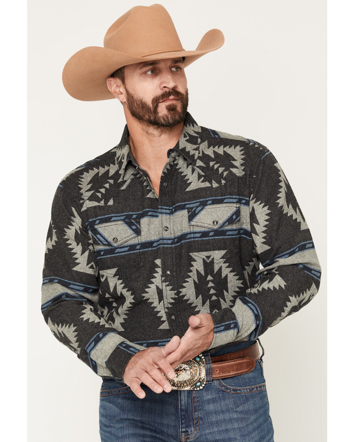 Cody James Men's Sun Burn Southwestern Print Long Sleeve Snap Flannel Shirt, Black, hi-res
