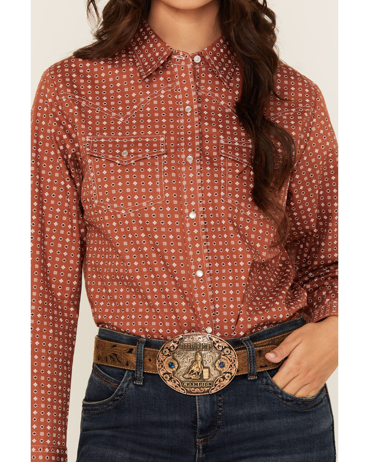 Image #3 - Ely Walker Women's Geo Print Long Sleeve Snap Stretch Western Shirt, Rust Copper, hi-res
