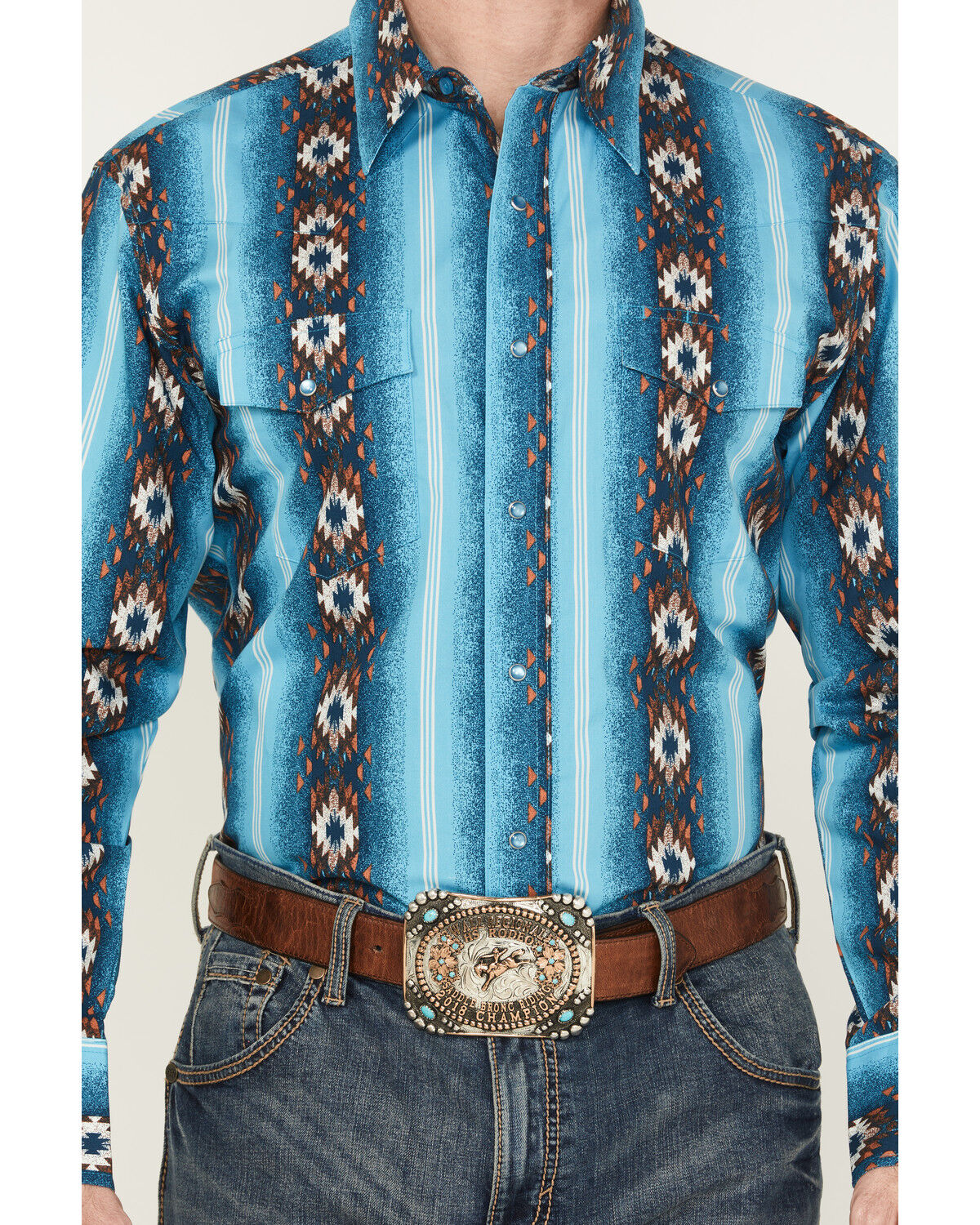 Image #3 - Wrangler Men's Checotah Southwestern Striped Long Sleeve Pearl Snap Western Shirt, Multi, hi-res