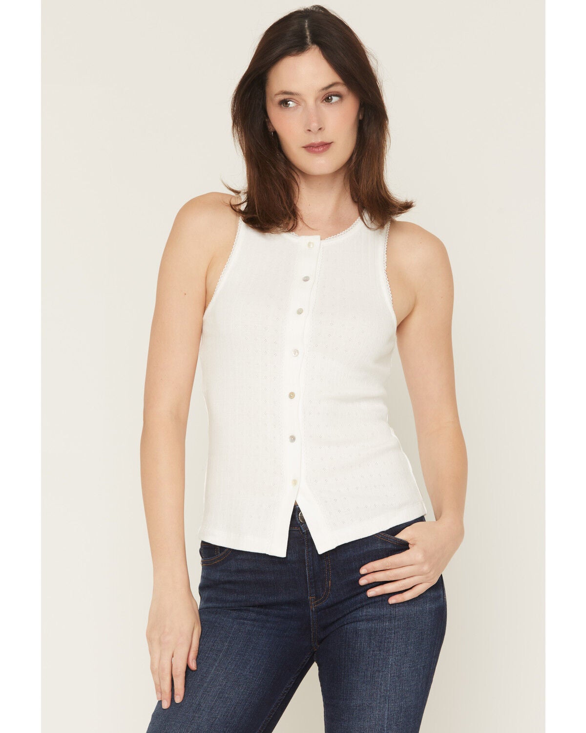 Image #1 - Blue Life Women's Evie Button-Up Pointelle Tank, White, hi-res