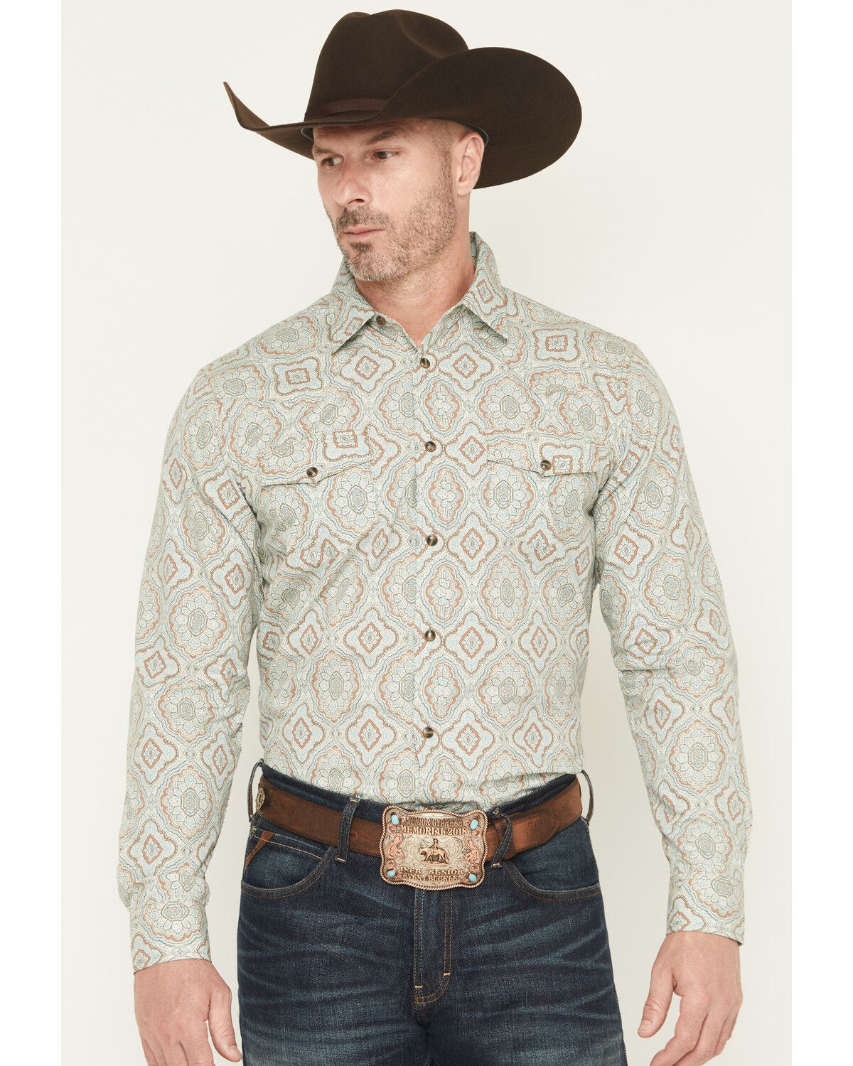 Gibson Trading Co Men's Garfunkle Medallion Print Long Sleeve Snap Stretch Western Shirt - Big, Mint, hi-res