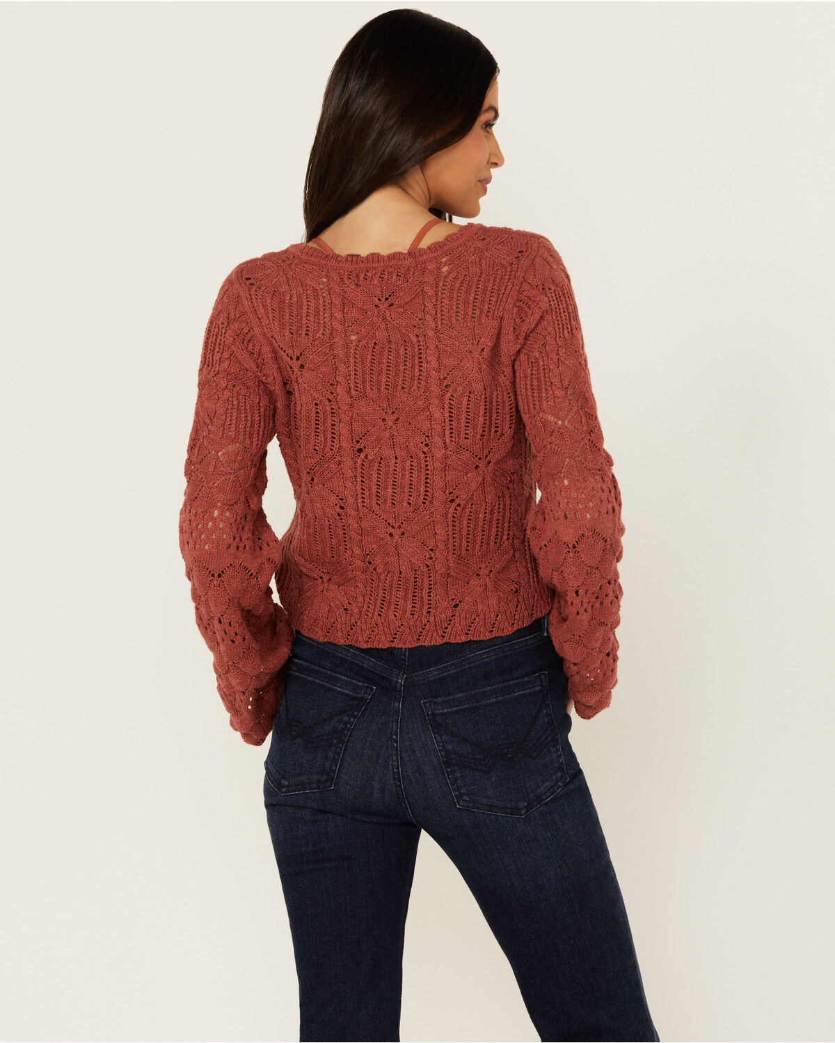 Image #4 - Shyanne Women's Bell Sleeve Cropped Crochet Sweater, Rust Copper, hi-res