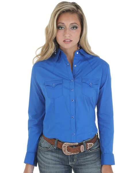 Wrangler Women's Snap Pocket Long Sleeve Western Shirt , Blue, hi-res