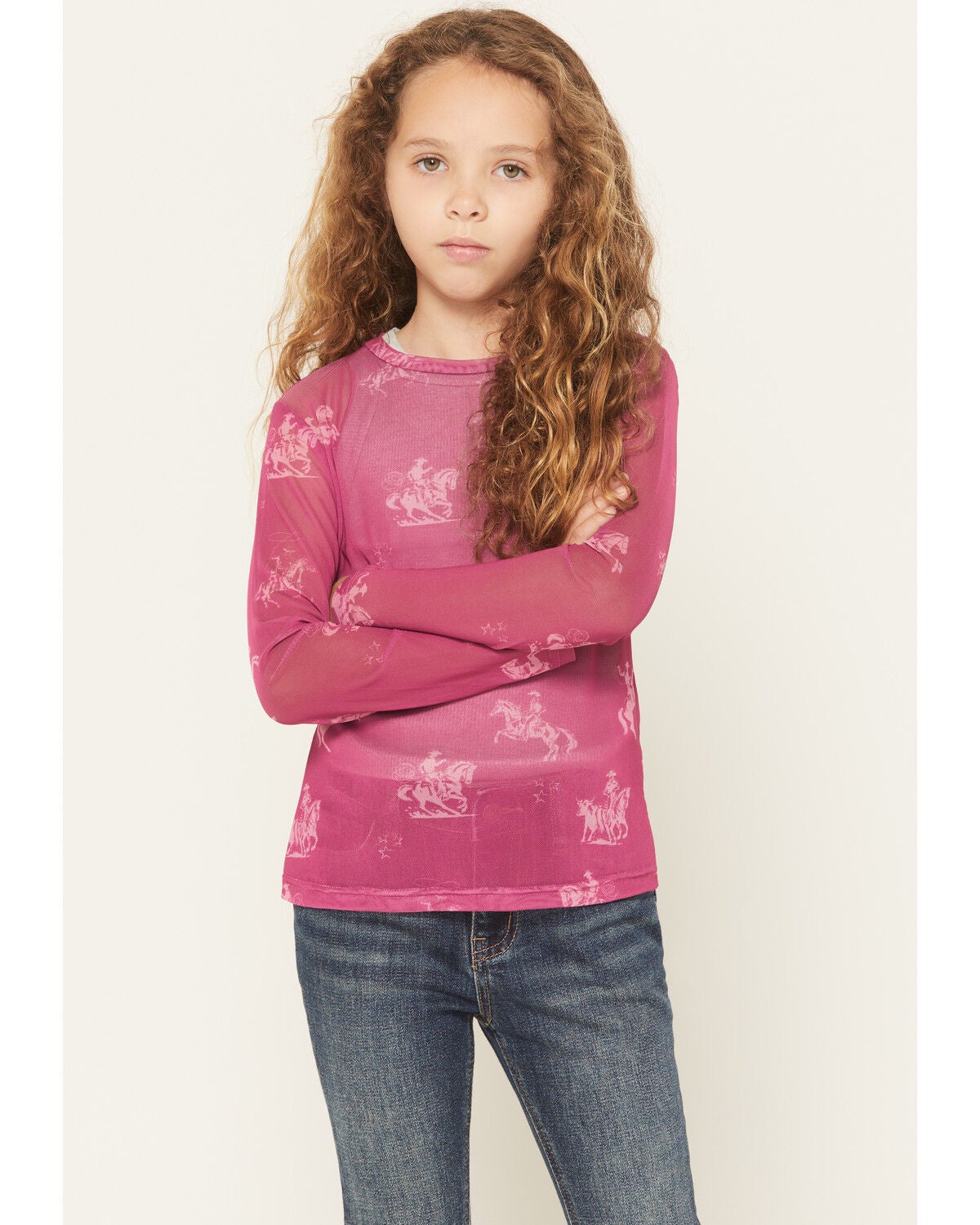 Cowgirl Hardware Girls' Desert Bronc Long Sleeve Mesh Top, Pink, hi-res