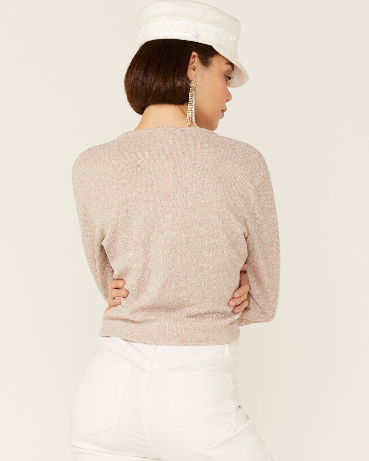 Image #3 - Wild Moss Women's Ribbed Lurex Cinch Front Knit Top, Ivory, hi-res
