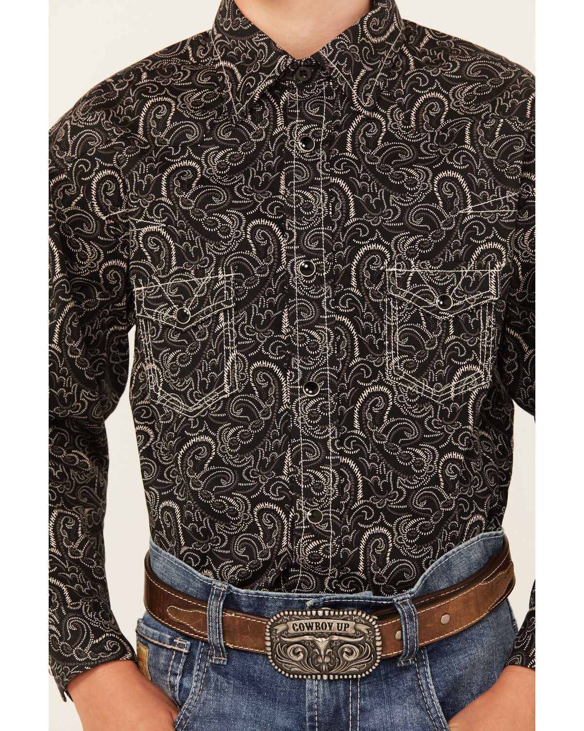Image #3 - Rock & Roll Denim Boys' Paisley Print Long Sleeve Snap Western Shirt, Black, hi-res
