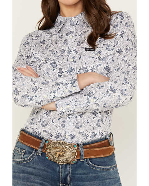 Image #3 - Wrangler Women's Paisley Print Long Sleeve Snap Western Shirt, Blue, hi-res