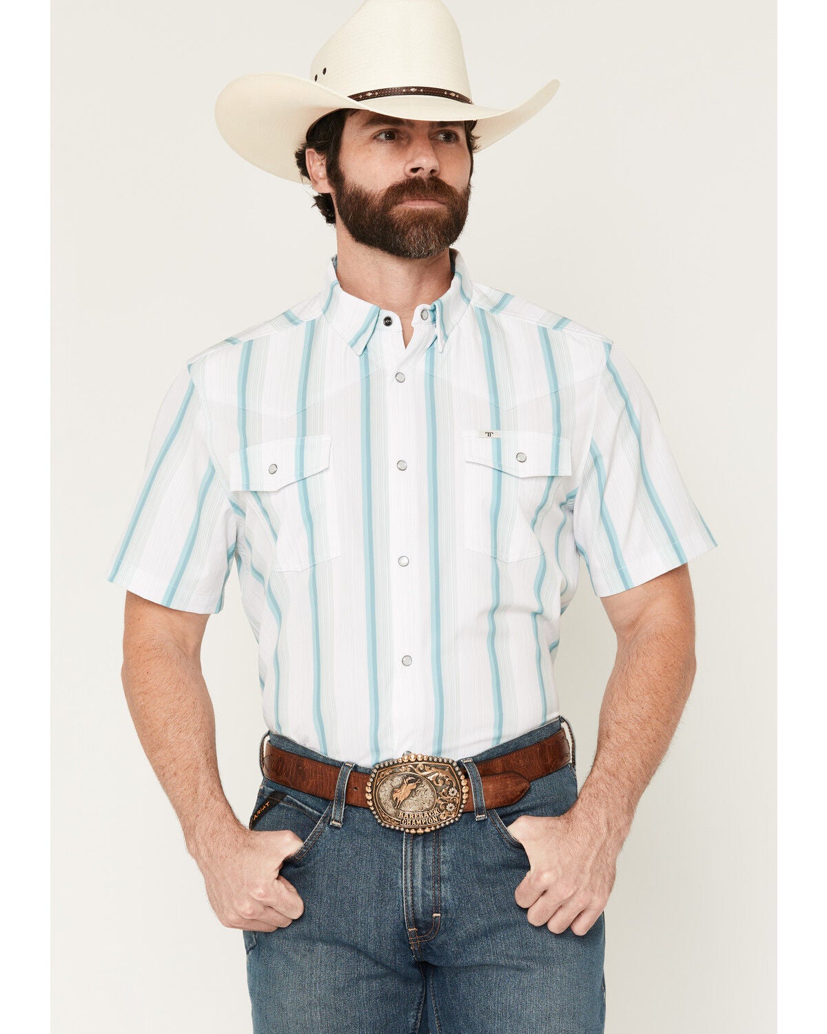 Ferrell Men's Tristan Striped Print Short Sleeve Snap Stretch Western Shirt, White, hi-res
