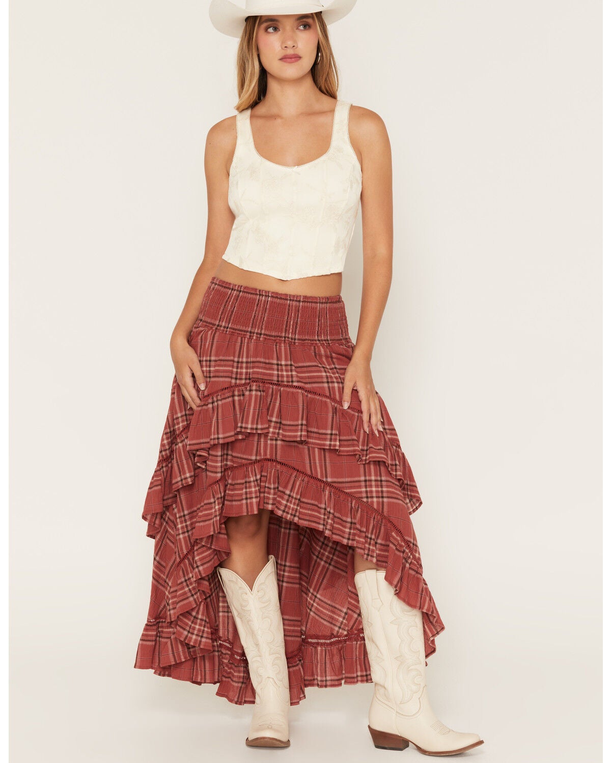 Cleo + Wolf Women's Plaid Print High Low Ruffle Midi Skirt, Rose, hi-res