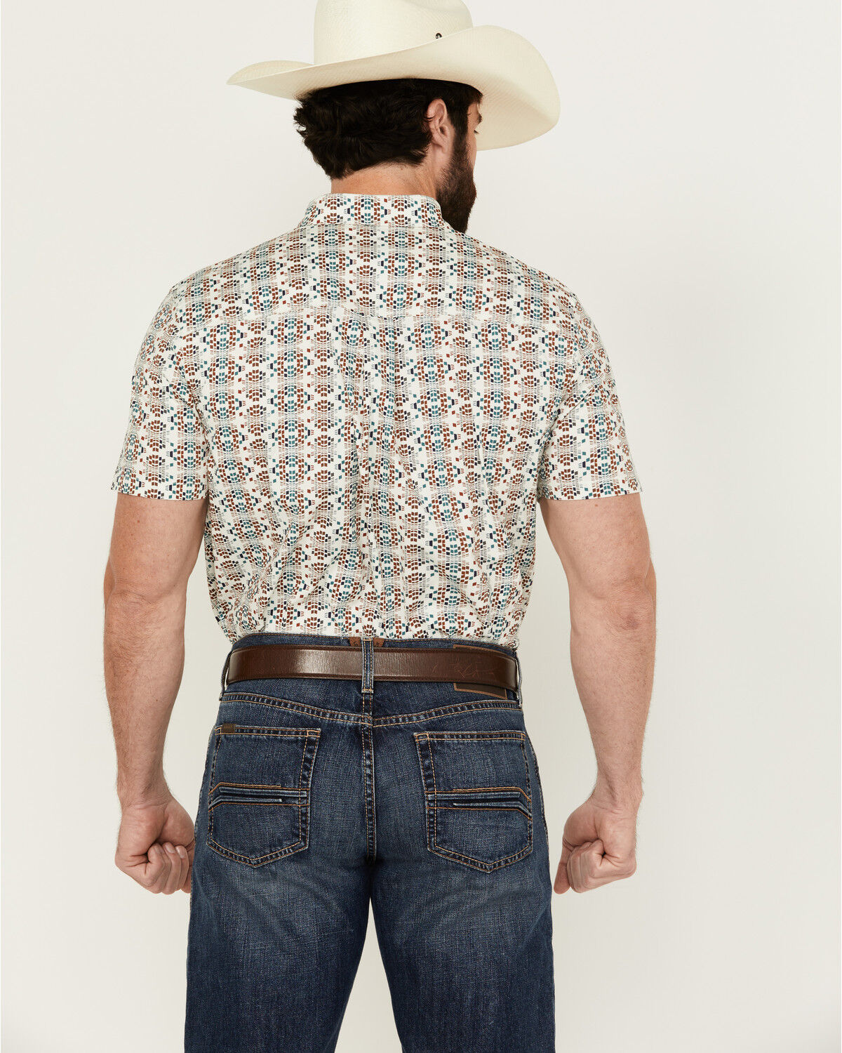 Image #4 - RANK 45® Men's Westgate Abstract Geo Print Short Sleeve Button-Down Stretch Western Shirt, Ivory, hi-res