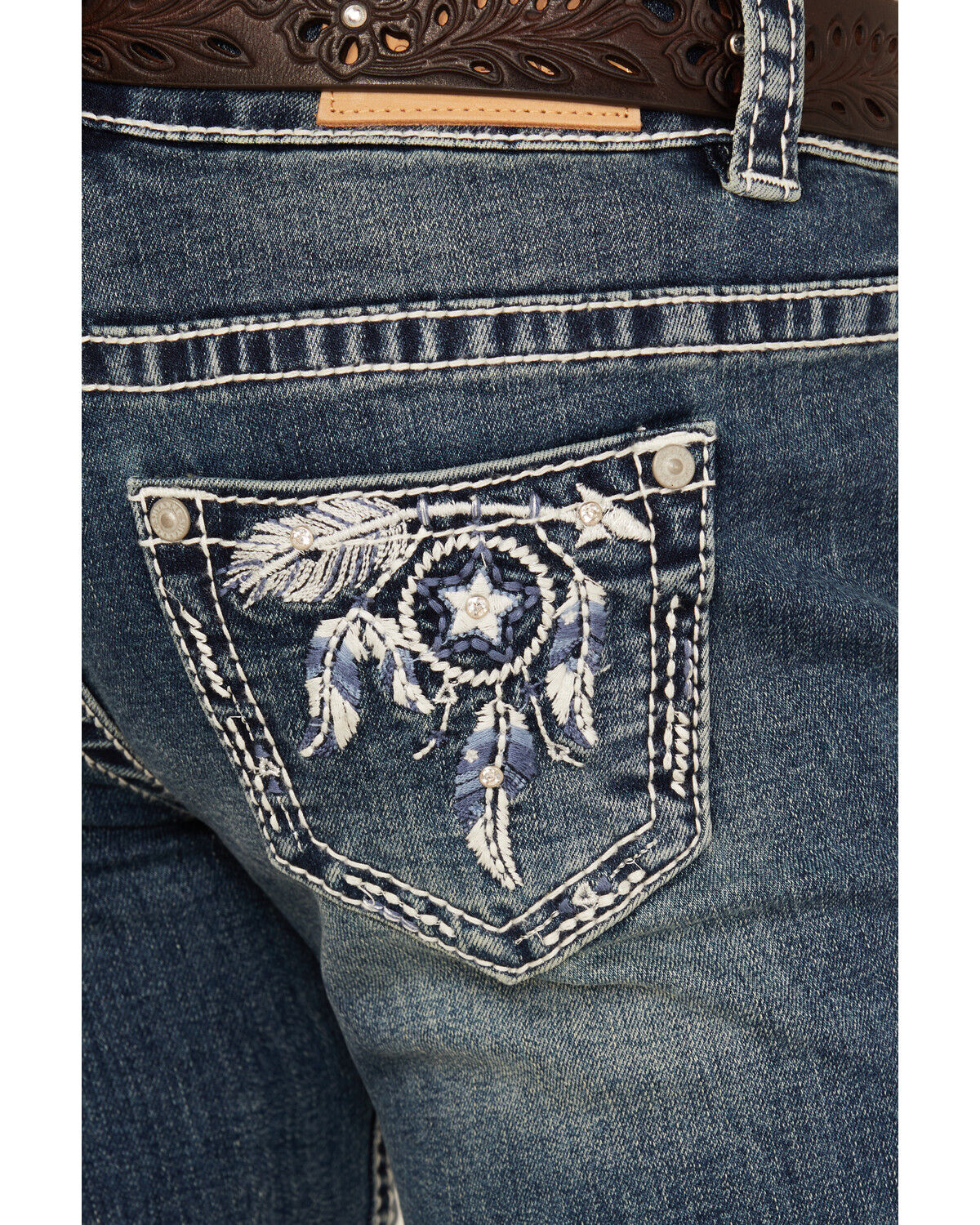 Image #2 - Shyanne Girls' Arrowhead Dark Wash Dreamcatcher Pocket Bootcut Stretch Denim Jeans, Dark Wash, hi-res
