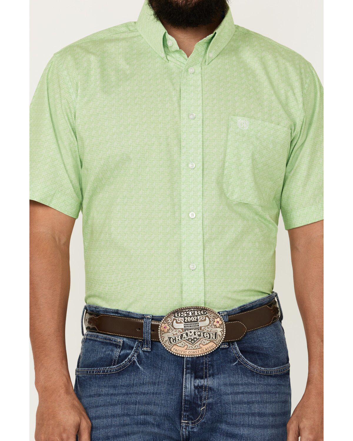 Image #3 - Panhandle Select Men's Geo Print Short Sleeve Button-Down Western Shirt, Light Green, hi-res