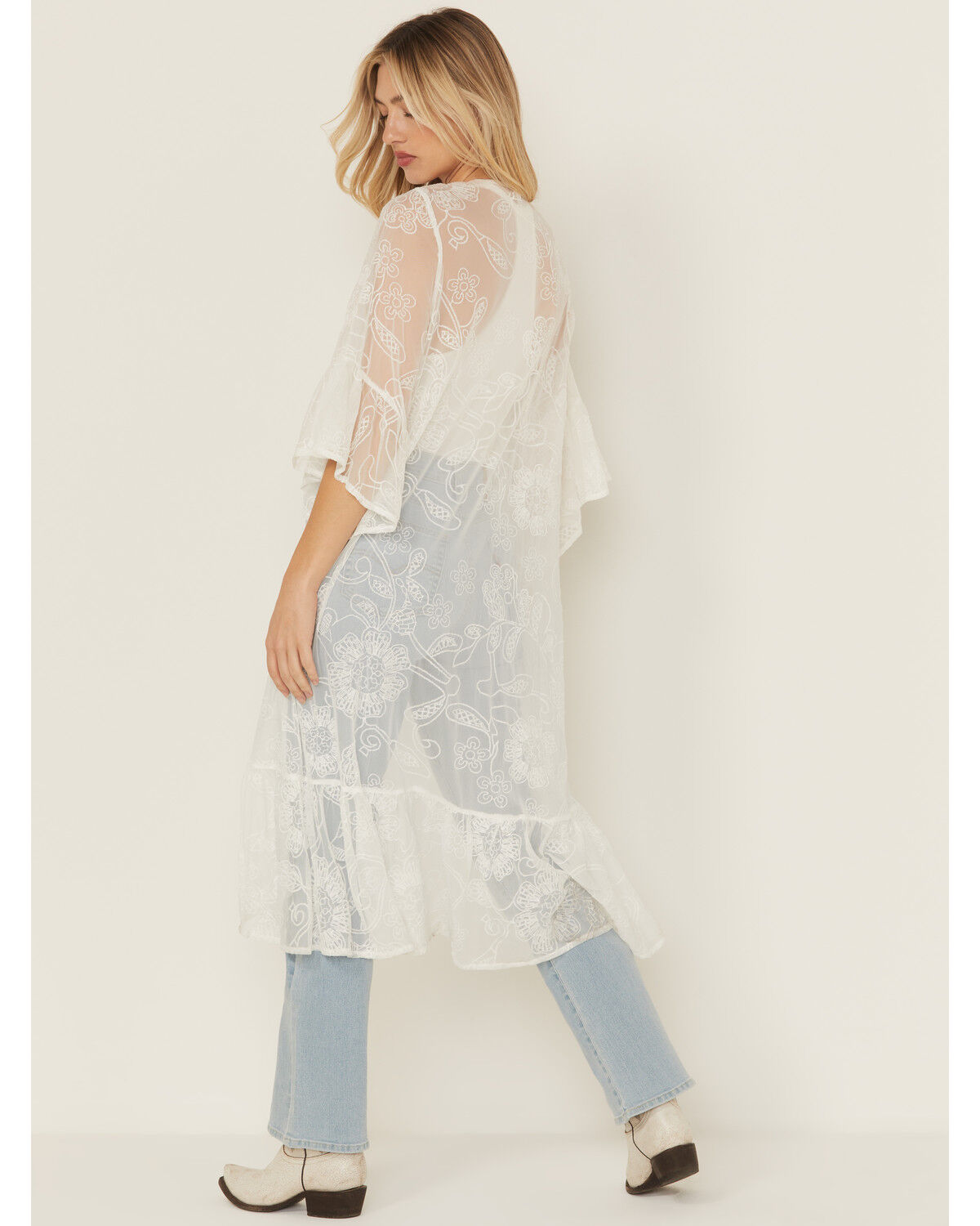 Image #4 - Shyanne Women's Tie-Front Embroidered Mesh Kimono, Ivory, hi-res